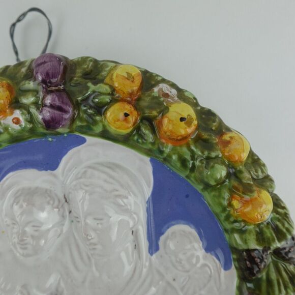 Italian Mary & Jesus with Angels Round Wall Plaque with Fruit Border - Picture 8 of 13